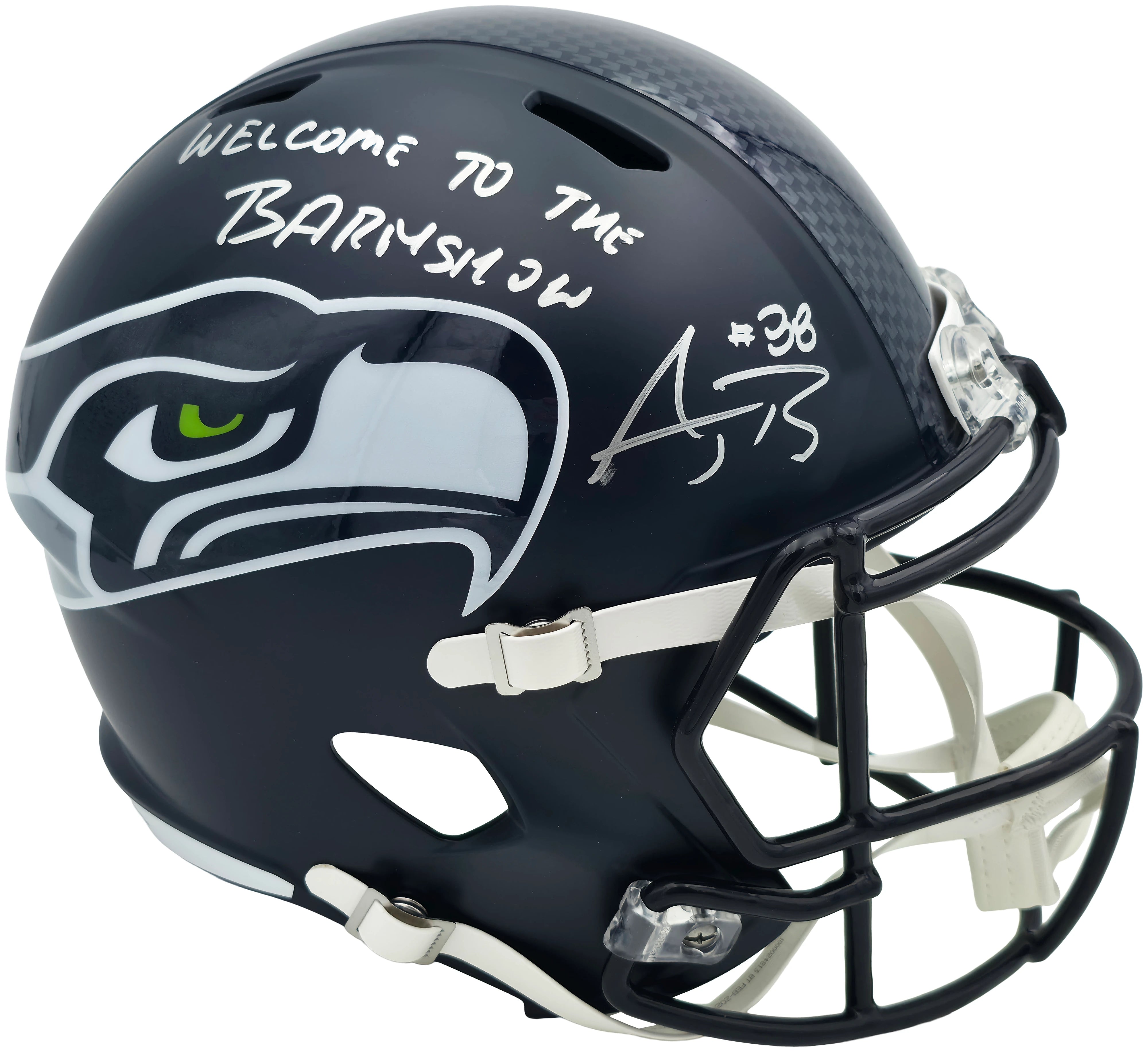 AJ Barner Autographed Seattle Seahawks Blue Full Size Speed Replica Helmet "Welcome To The Barnshow" Beckett BAS Witness