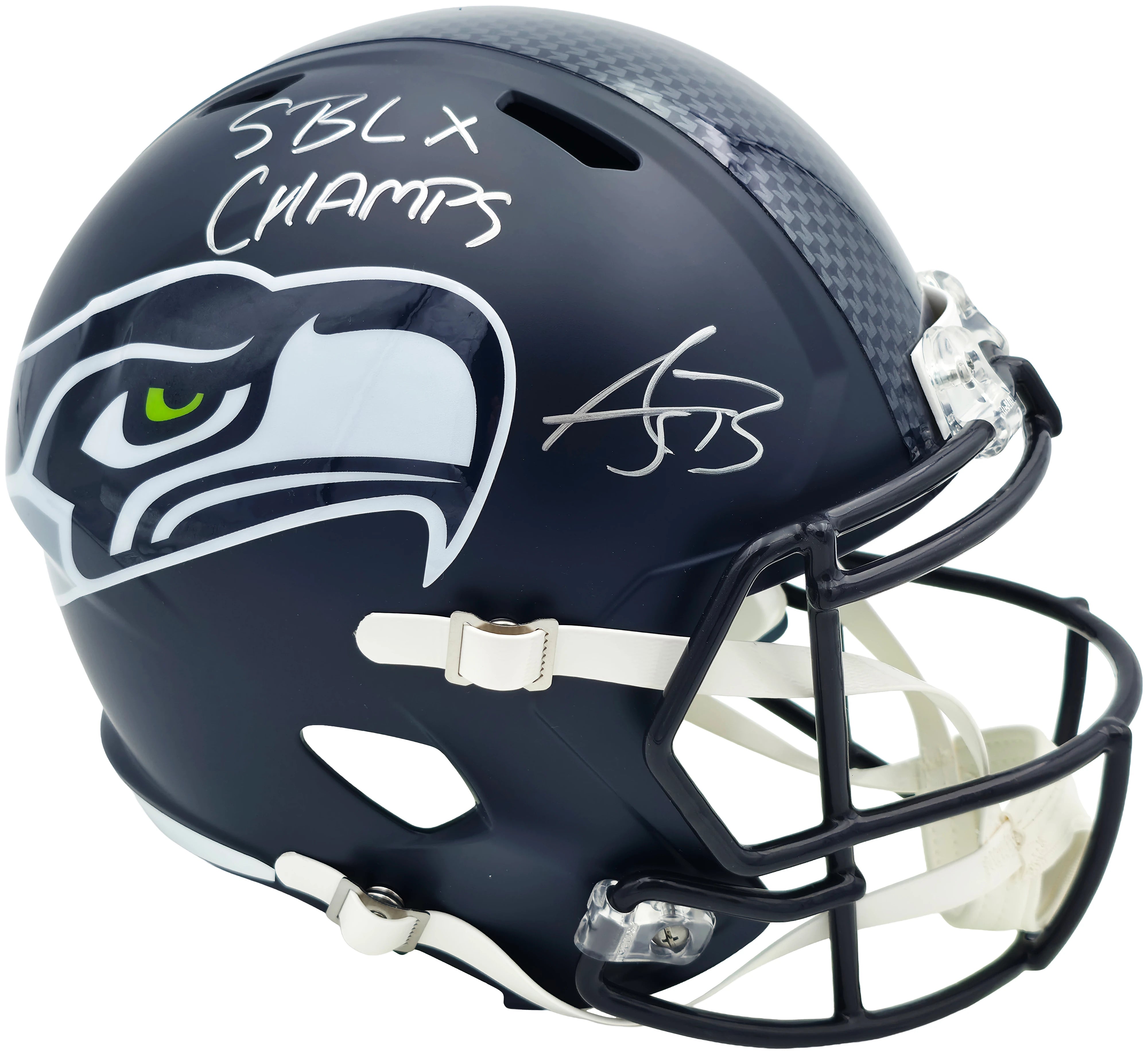 AJ Barner Autographed Seattle Seahawks Blue Full Size Super Bowl LX Champions Logo Speed Replica Helmet "SB LX Champs" Beckett BAS Witness