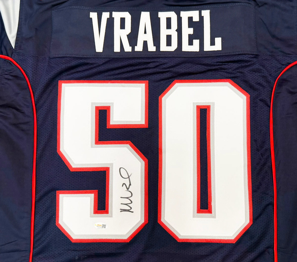 Mike Vrabel Autographed New England Patriots Blue Custom Football Jersey (Size XL) - James Spence Authentication (JSA) Witnessed