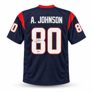 Andre Johnson Autographed Houston Texans Blue Custom Football Jersey (Size XL) - Beckett BAS Witnessed Authenticated