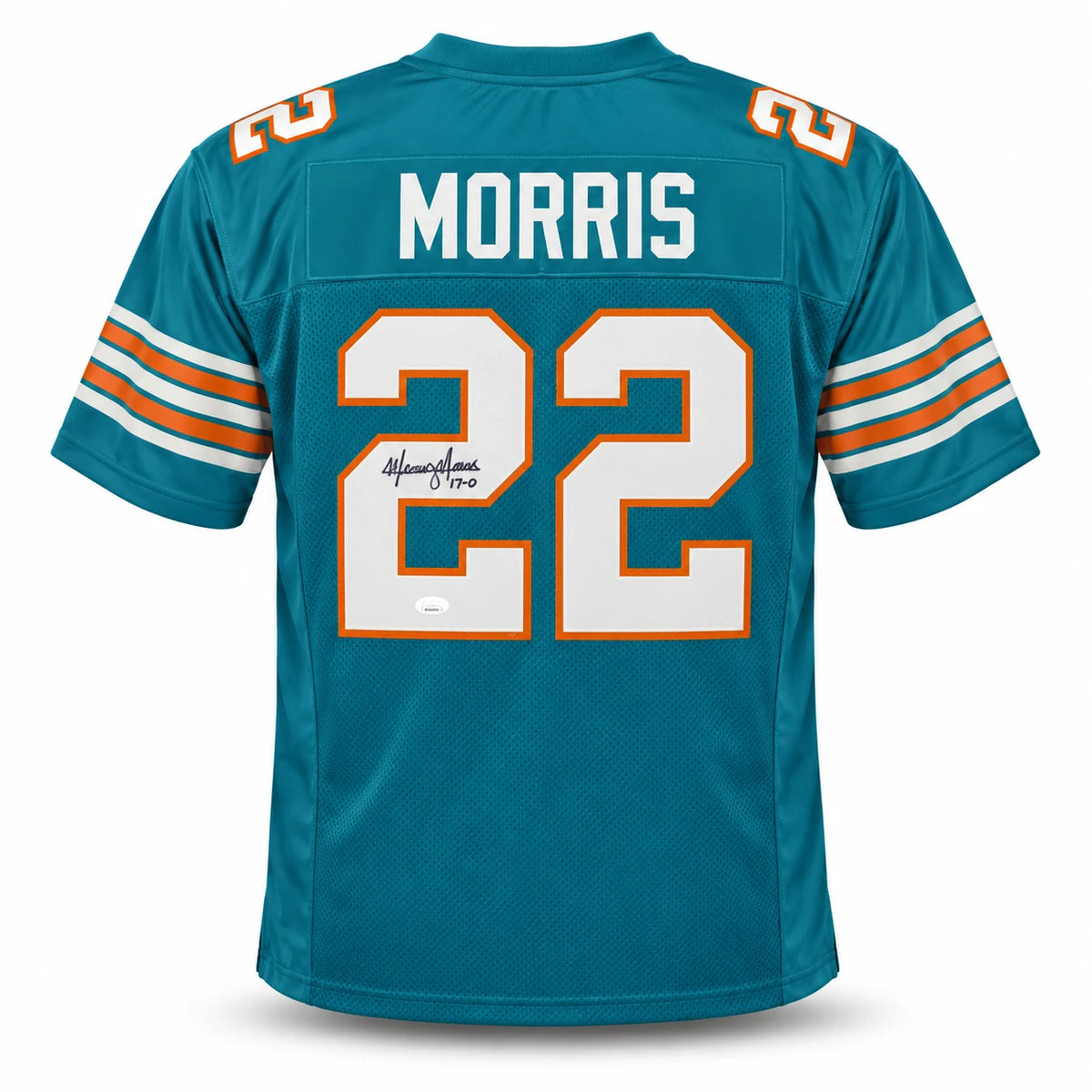Mercury Morris Autographed Miami Dolphins Teal Custom Football Jersey (Size XL) - James Spence Authentication (JSA)