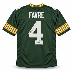 Brett Favre Autographed Green Bay Packers Green Custom Football Jersey (Size XL, Signature Flaw) - Beckett BAS Witness Authenticated