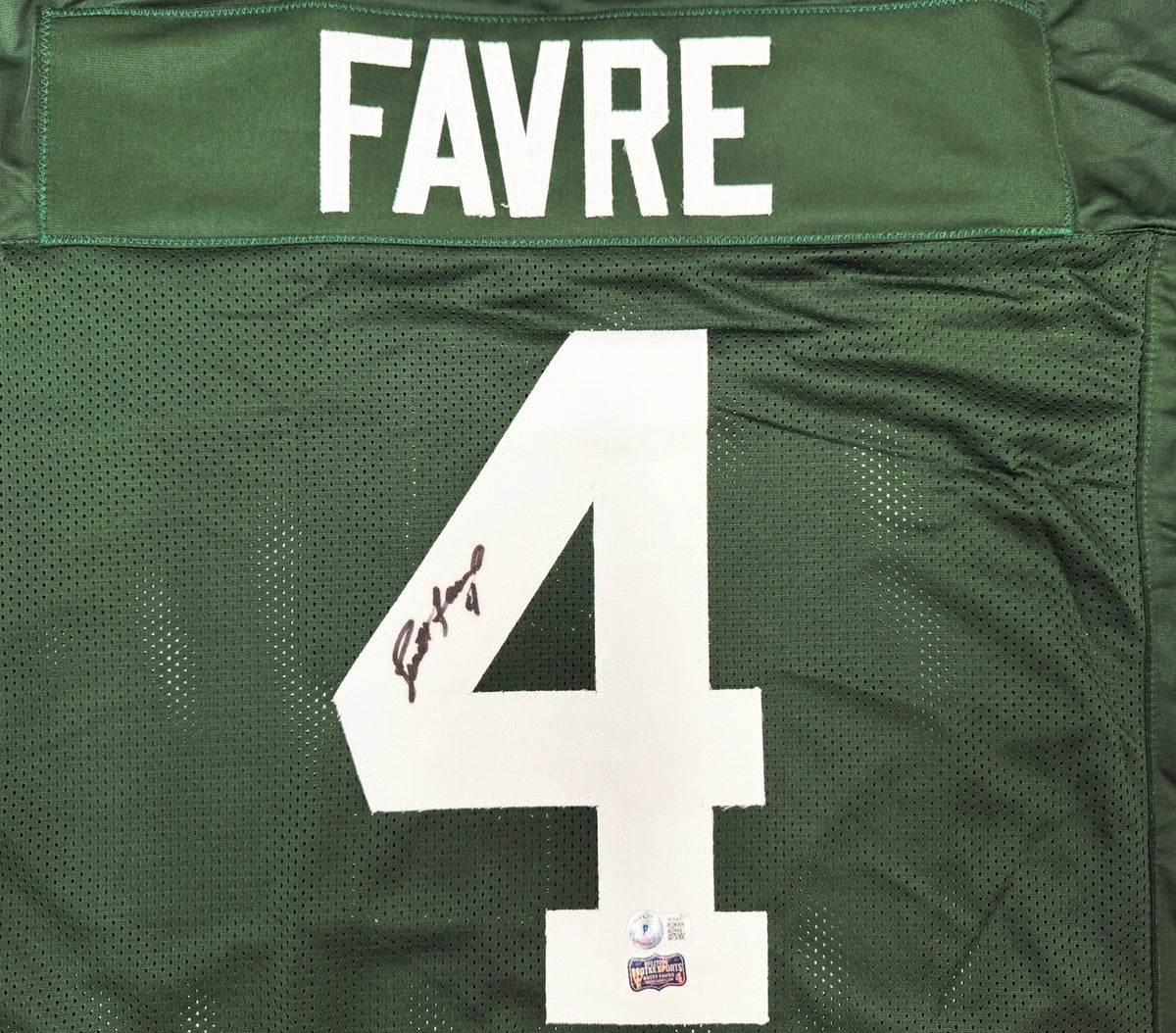 Brett Favre Autographed Green Bay Packers Green Custom Football Jersey (Size XL, Signature Flaw) - Beckett BAS Witness Authenticated