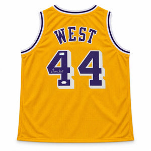Jerry West Autographed Los Angeles Lakers Yellow Custom Basketball Jersey (Size XL) - JSA Witnessed Authenticated
