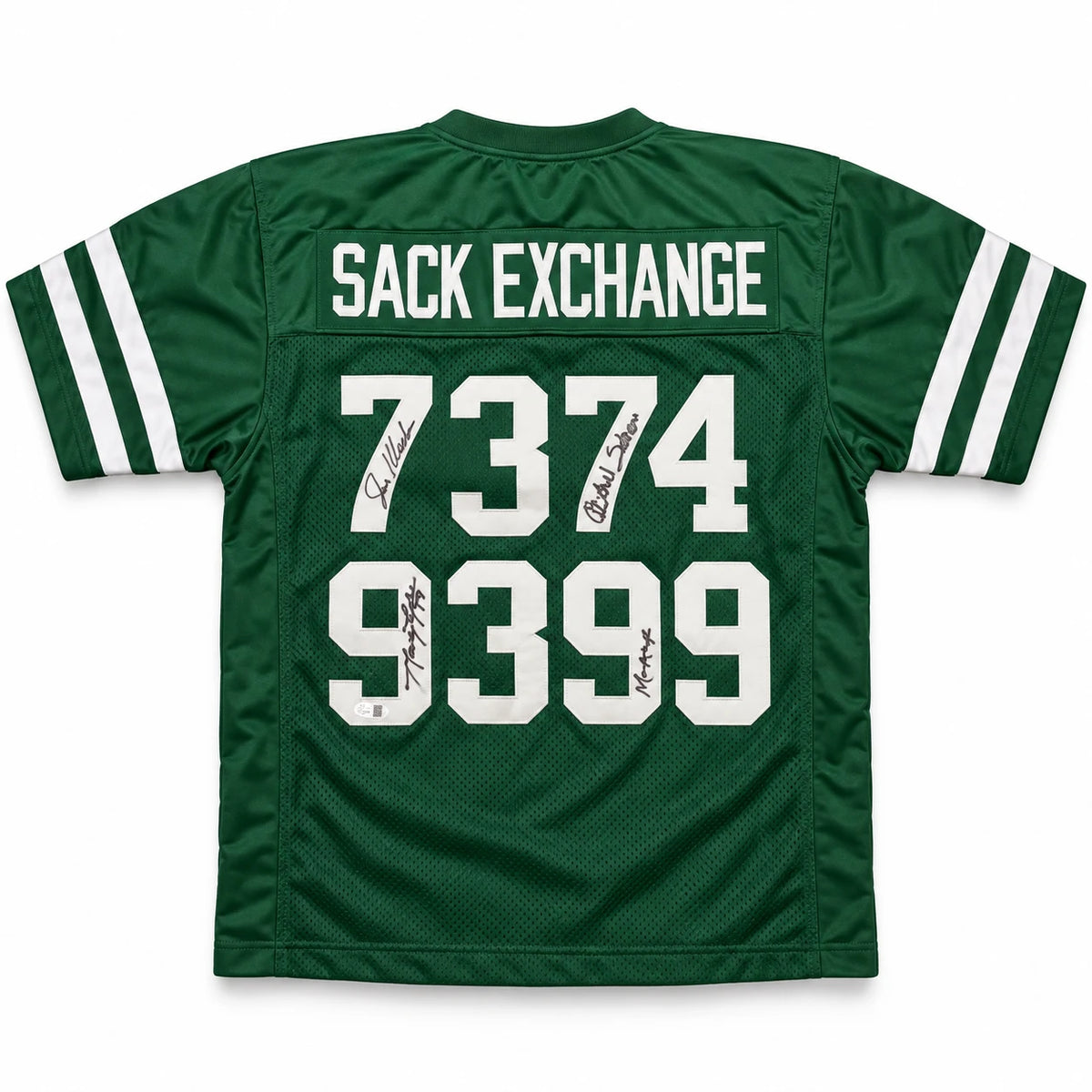 New York Jets Sack Exchange 4-Sign Autographed Green Custom Football Jersey (Size XL, Klecko/Gastineau/Lyons/Salaam) - JSA Authenticated
