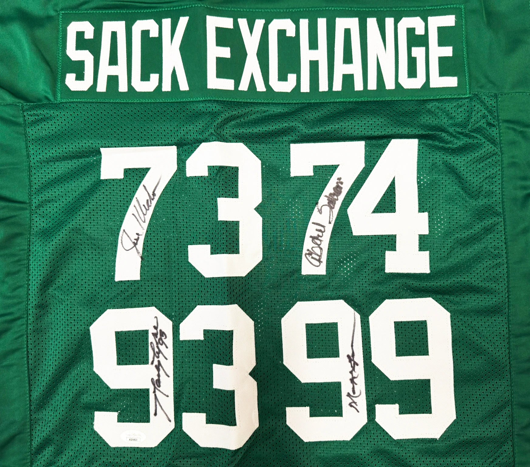 New York Jets Sack Exchange 4-Sign Autographed Green Custom Football Jersey (Size XL, Klecko/Gastineau/Lyons/Salaam) - JSA Authenticated