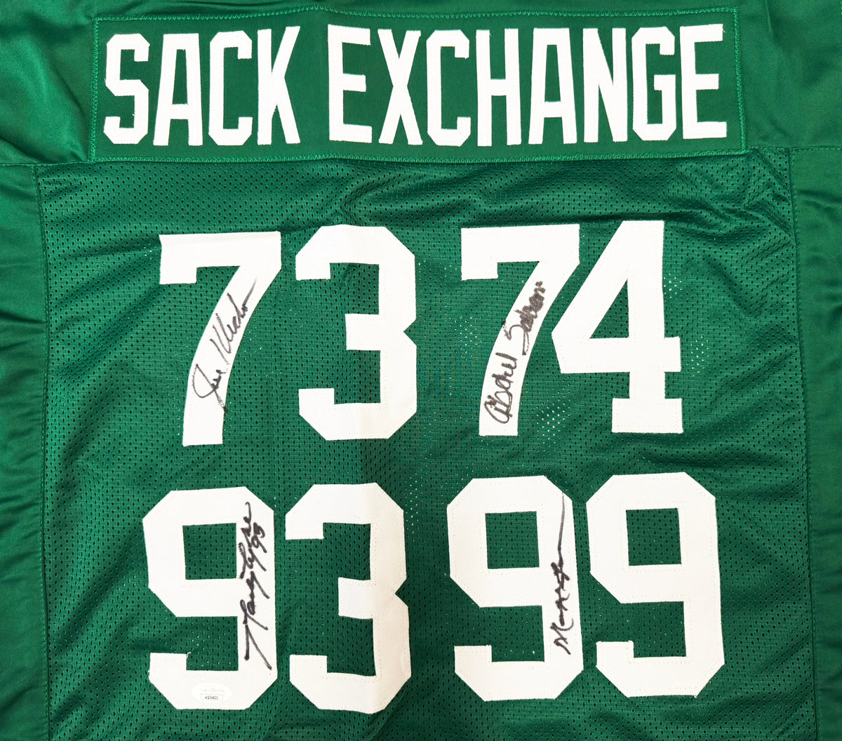New York Jets Sack Exchange 4-Sign Autographed Green Custom Football Jersey (Size XL, Klecko/Gastineau/Lyons/Salaam) - JSA Authenticated