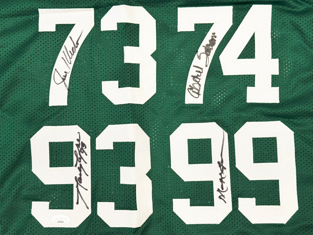 New York Jets Sack Exchange 4-Sign Autographed Green Custom Football Jersey (Size XL, Klecko/Gastineau/Lyons/Salaam) - JSA Authenticated