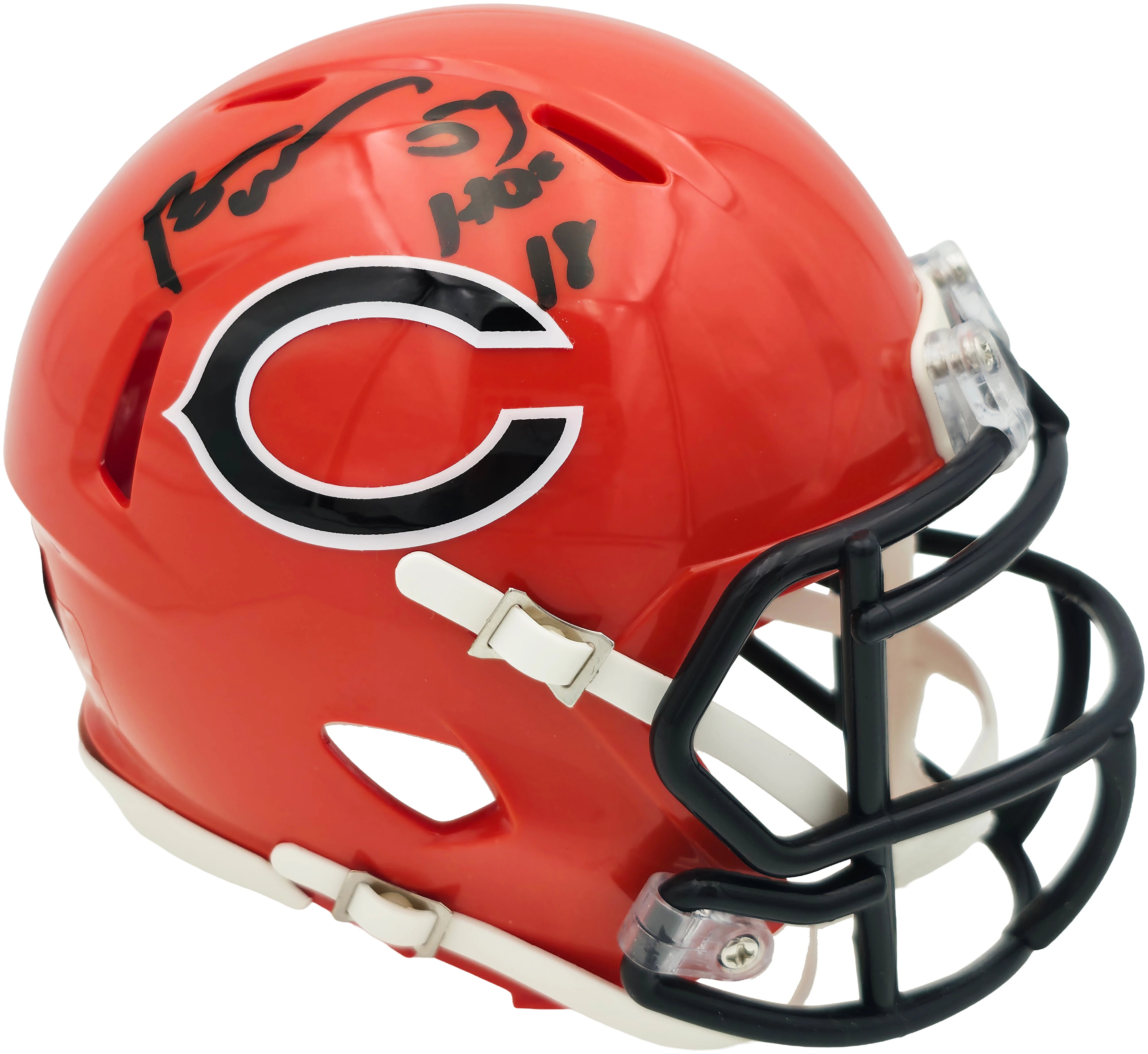 Brian Urlacher Autographed Chicago Bears Orange 2022 Alternate Speed Mini Helmet ("HOF 18" Inscription) - Beckett BAS Witness Authenticated