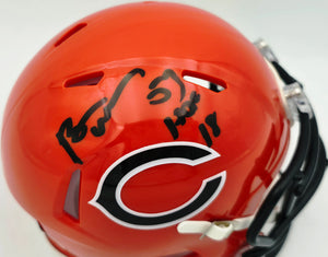 Brian Urlacher Autographed Chicago Bears Orange 2022 Alternate Speed Mini Helmet ("HOF 18" Inscription) - Beckett BAS Witness Authenticated