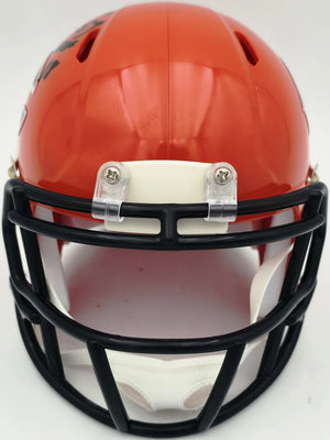Brian Urlacher Autographed Chicago Bears Orange 2022 Alternate Speed Mini Helmet ("HOF 18" Inscription) - Beckett BAS Witness Authenticated