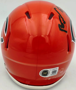 Brian Urlacher Autographed Chicago Bears Orange 2022 Alternate Speed Mini Helmet ("HOF 18" Inscription) - Beckett BAS Witness Authenticated