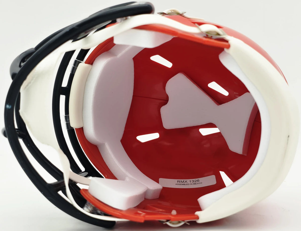 Brian Urlacher Autographed Chicago Bears Orange 2022 Alternate Speed Mini Helmet ("HOF 18" Inscription) - Beckett BAS Witness Authenticated