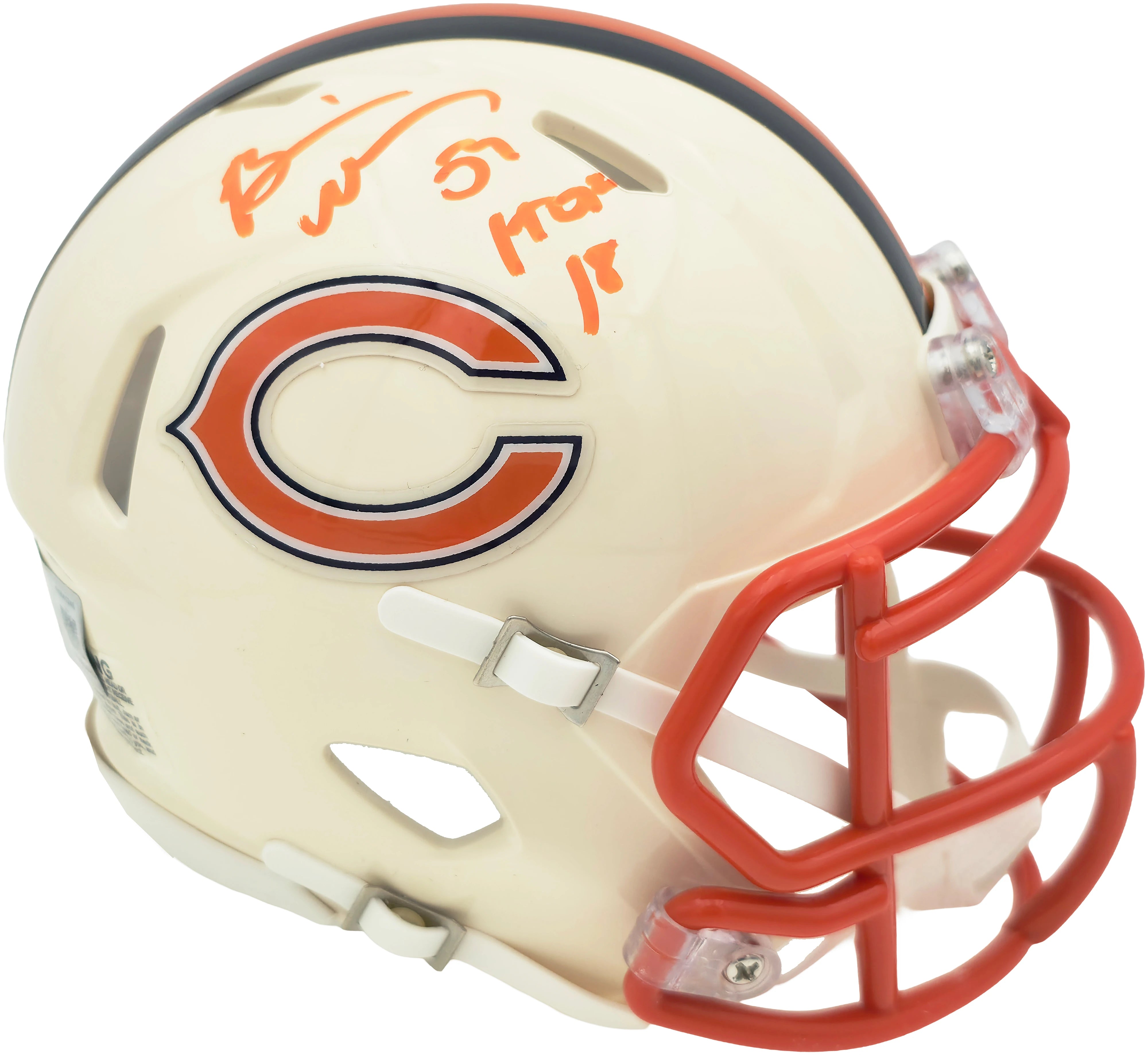 Brian Urlacher Autographed Chicago Bears Cream Retro Speed Mini Helmet ("HOF 18" Inscription) - Beckett BAS Witness Authenticated