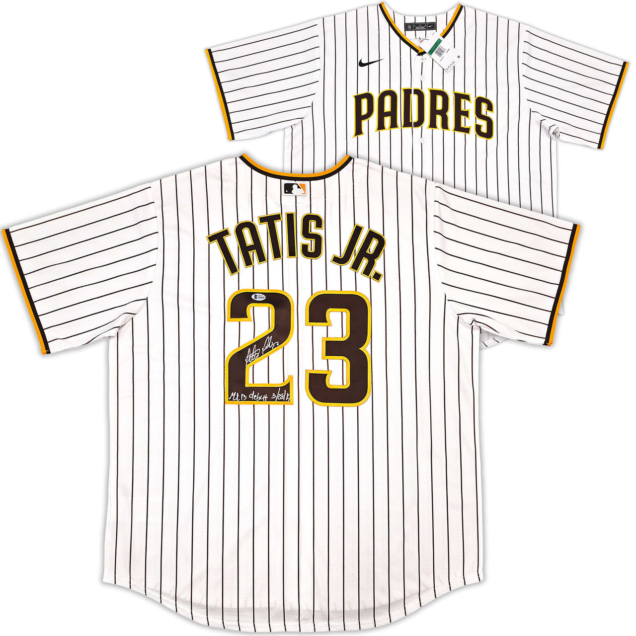 San Diego Padres Fernando Tatis Jr. Autographed White Pinstripes Nike Jersey Size XL "MLB Debut 3/28/19" Beckett BAS