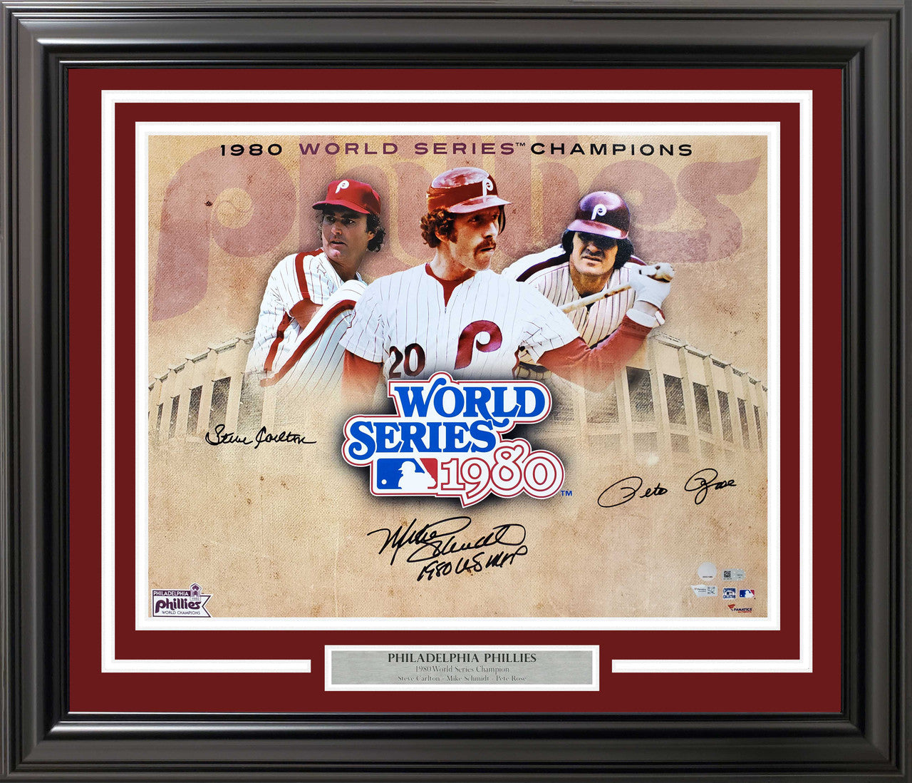 Schmidt, Rose & Carlton Signed 16x20 1980 WS Framed Photo – MLB Holo