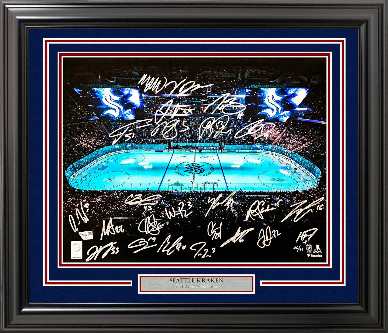 Seattle Kraken 2021–22 Inaugural Team Signed Framed 16x20 Photo With 24 Signatures Including Jordan Eberle & Yanni Gourde #/99 – Fanatics Hologram