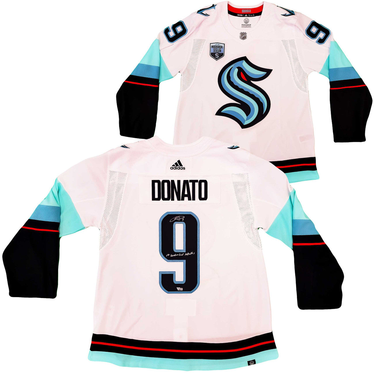 Seattle Kraken Ryan Donato Autographed White Adidas Jersey Size 54 "1st Kraken Goal" Fanatics Holo Stock #202596