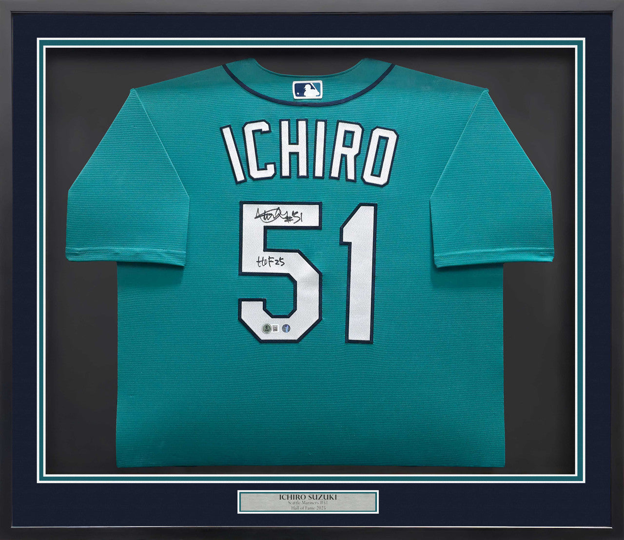 Ichiro Suzuki Signed Seattle Mariners Framed Teal Nike Jersey “HOF 25” – IS Holo & BAS Witness