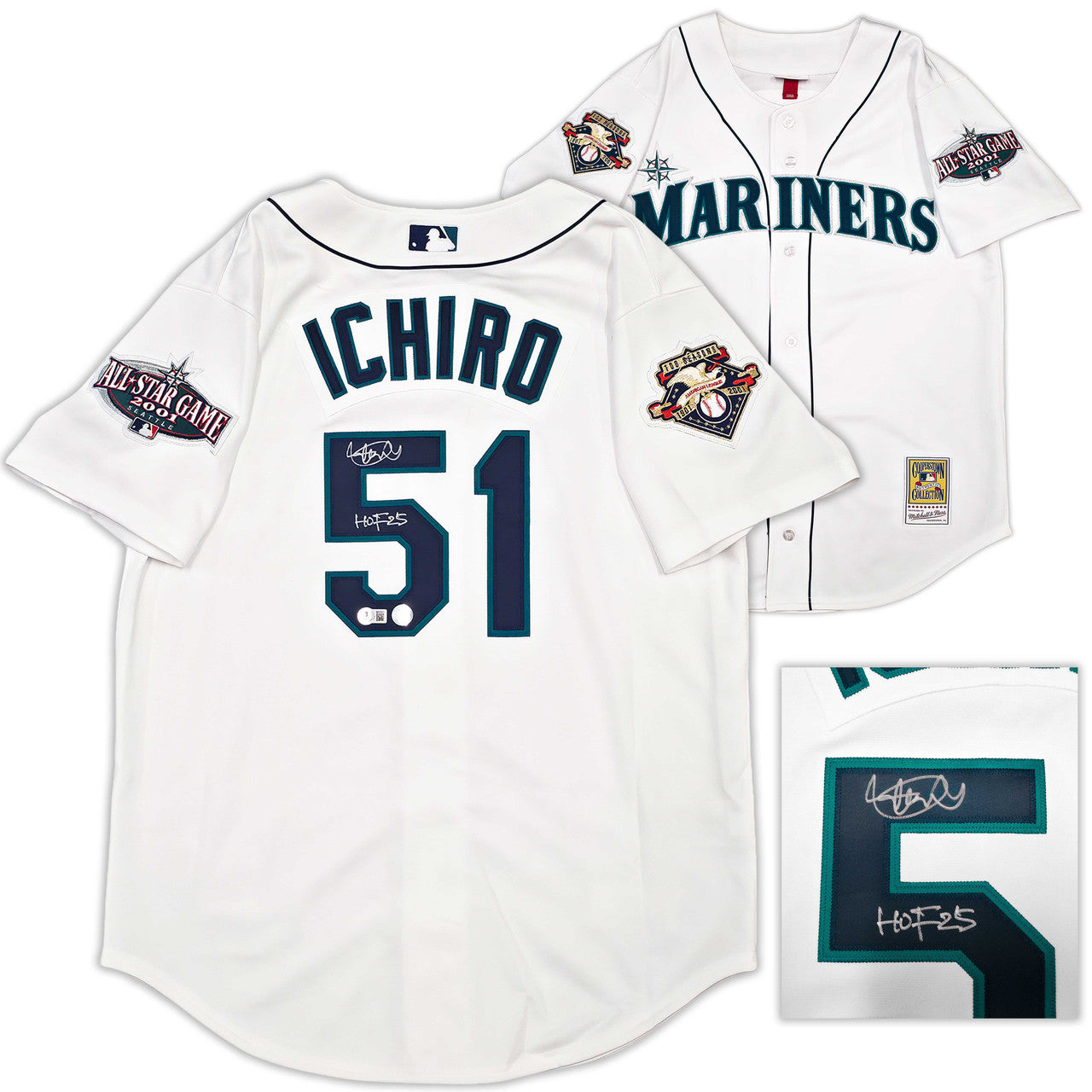 Seattle Mariners Ichiro Suzuki Autographed White Authentic Mitchell & Ness Cooperstown Authentic Collection 2001 ASG Patch Rookie Jersey Size 44 "HOF 25" IS Holo & Beckett BAS Witness