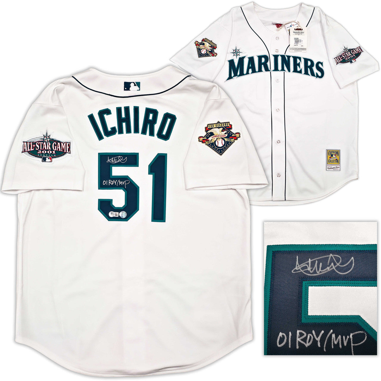 Seattle Mariners Ichiro Suzuki Autographed White Authentic Mitchell & Ness Cooperstown Authentic Collection 2001 ASG Patch Rookie Jersey Size 48 "01 ROY/MVP" IS Holo & Beckett BAS Witness