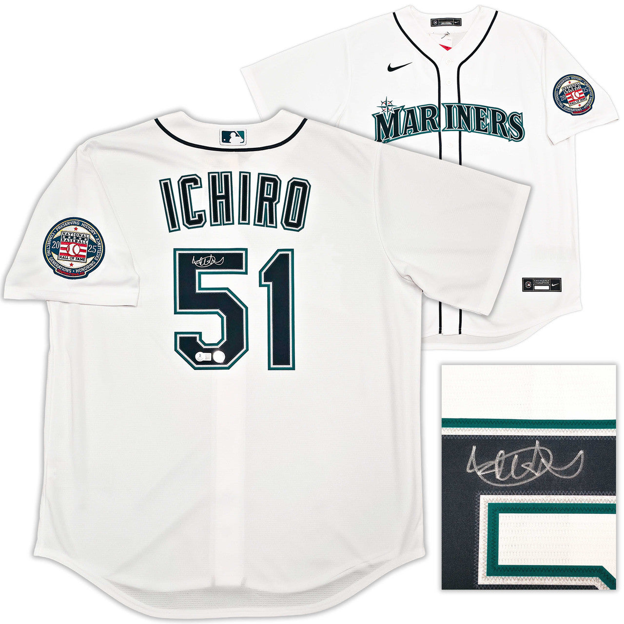 Seattle Mariners Ichiro Suzuki Autographed White Nike Hall of Fame Patch Jersey Size L IS Holo & Beckett BAS Witness