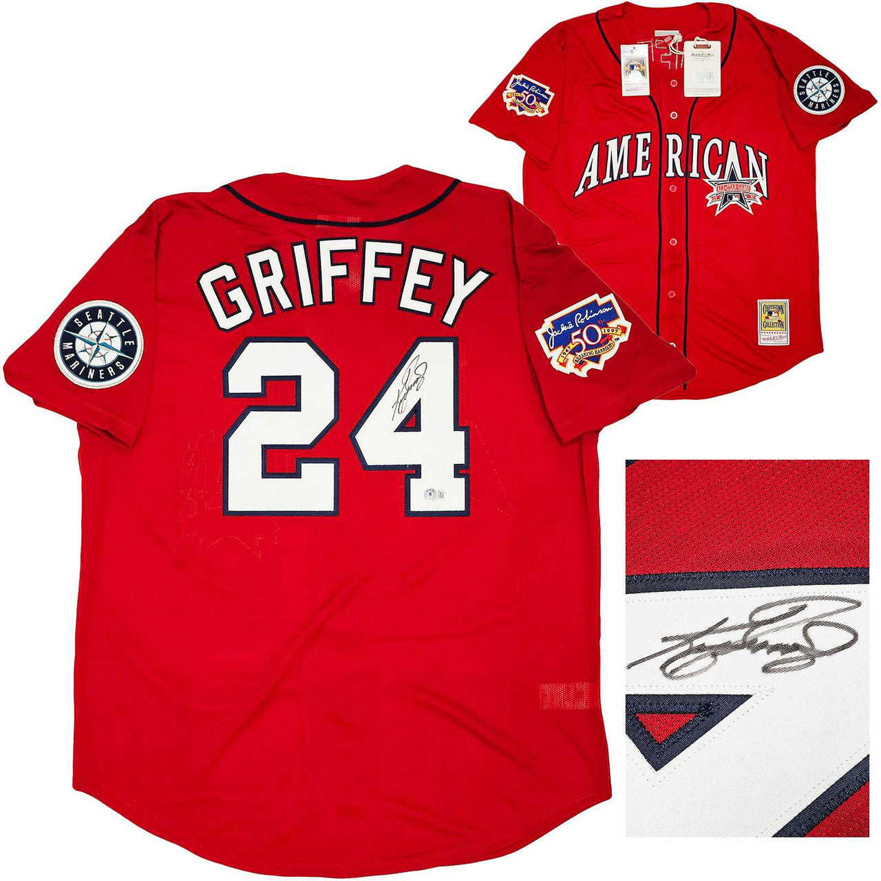 Ken Griffey Jr. Autographed Mariners 1997 All-Star Game Red Mitchell & Ness Jersey w/ Jackie Robinson Patch – Size XL – Beckett BAS Witness