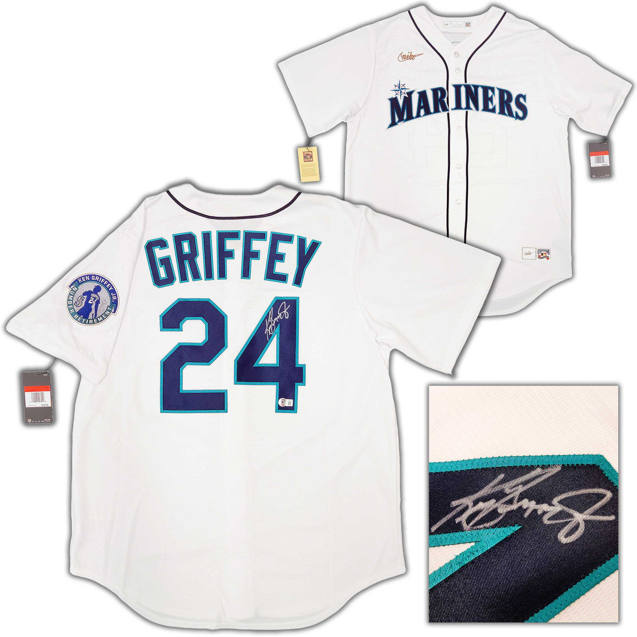 Ken Griffey Jr. Autographed Mariners White Nike Cooperstown Jersey w/Retirement Patch (L) – BAS QR