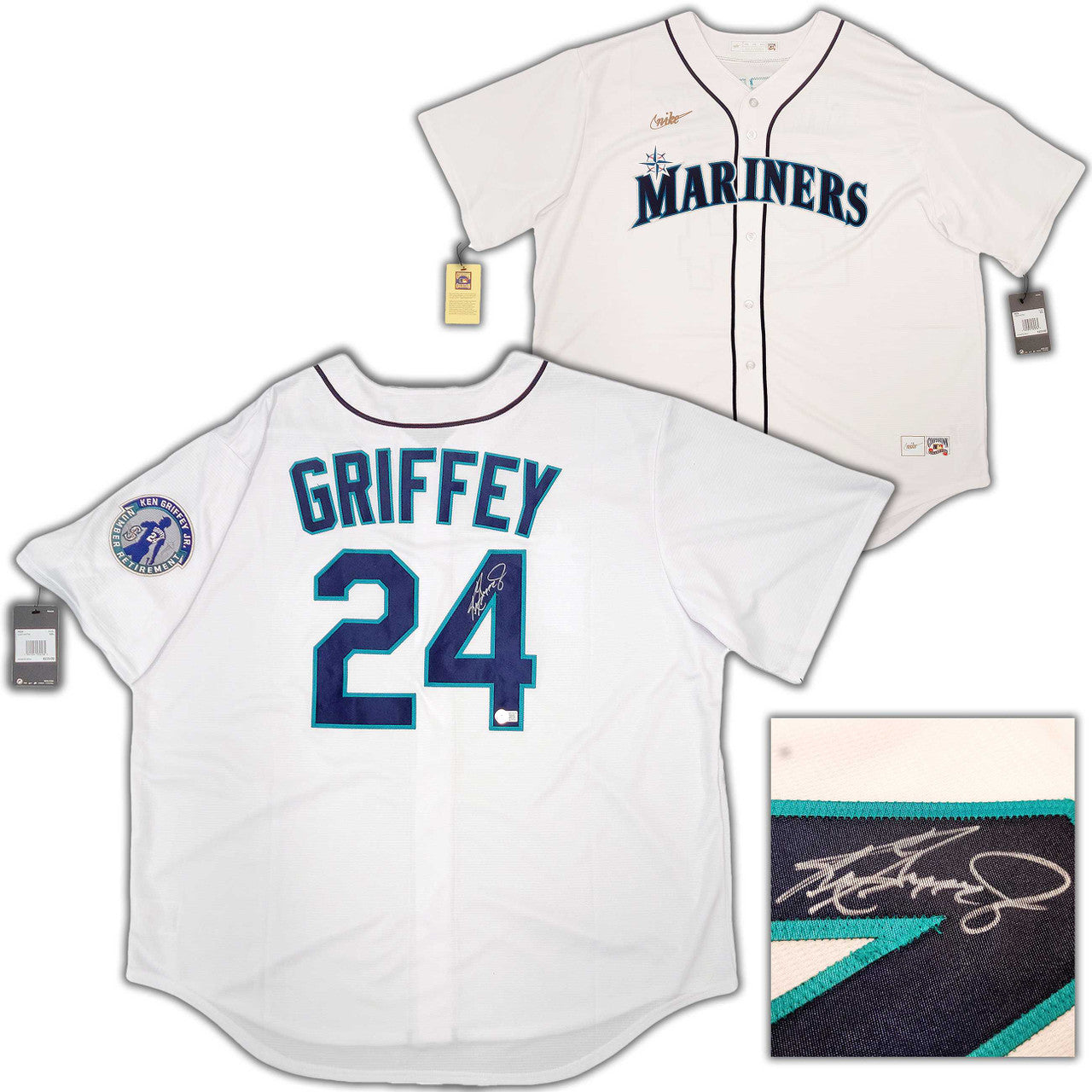 Ken Griffey Jr. Autographed Mariners White Nike Cooperstown Jersey w/Retirement Patch (XXL) – BAS QR
