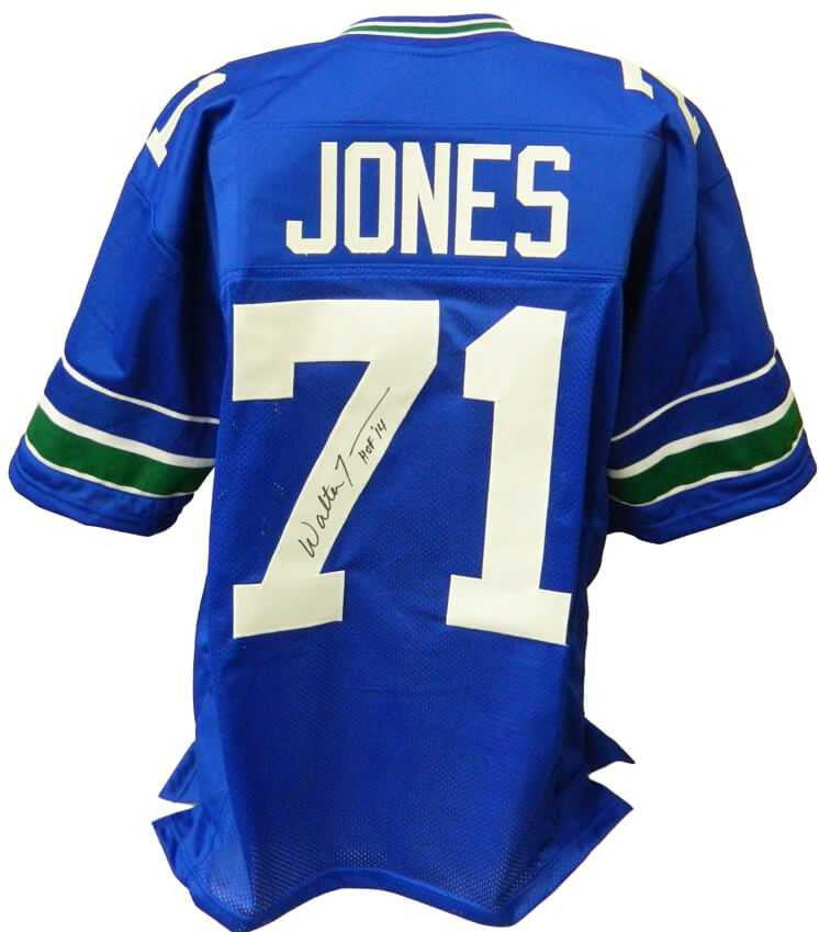 Walter Jones Autographed Seattle Seahawks Blue Throwback Jersey “HOF ’14” – Schw