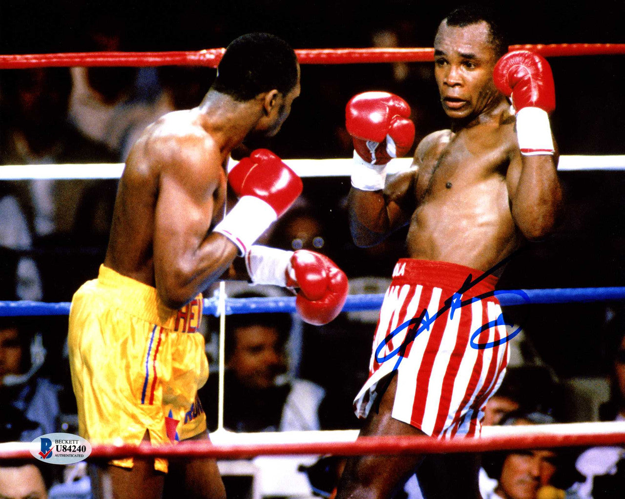 Sugar Ray Leonard Autographed 8x10 Photo vs. Thomas "Hitman" Hearns Beckett BAS Stock #178102