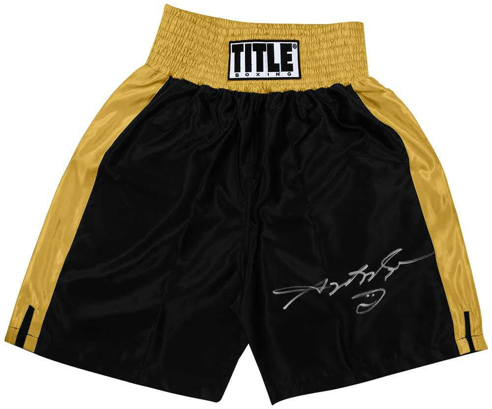 Sugar Ray Leonard Signed Title Black With Gold Trim Boxing Trunks - Schwartz Authenticated