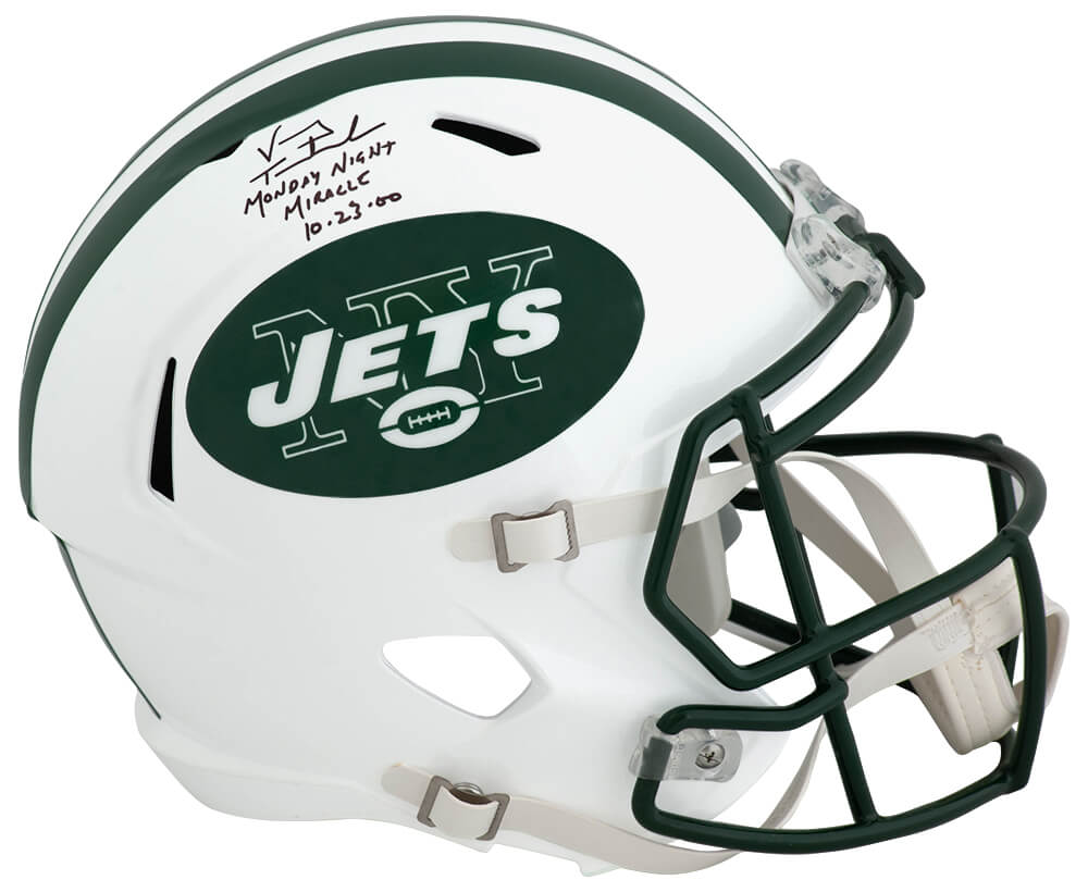 Vinny Testaverde Signed Jets White Throwback Helmet "Monday Night Miracle 10-23-00" Schwartz Authenticated