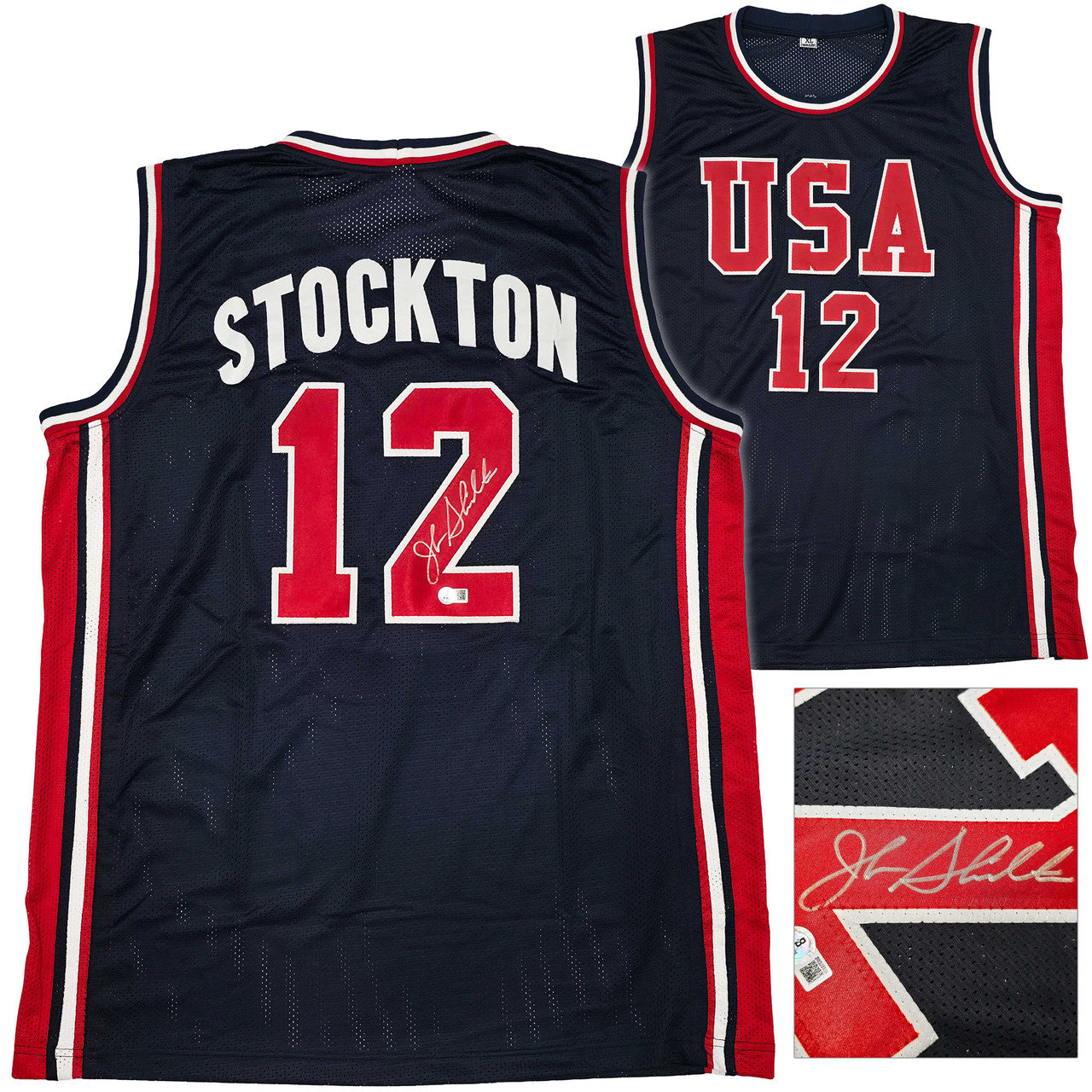 Team USA John Stockton Autographed Blue Jersey Beckett BAS Witness