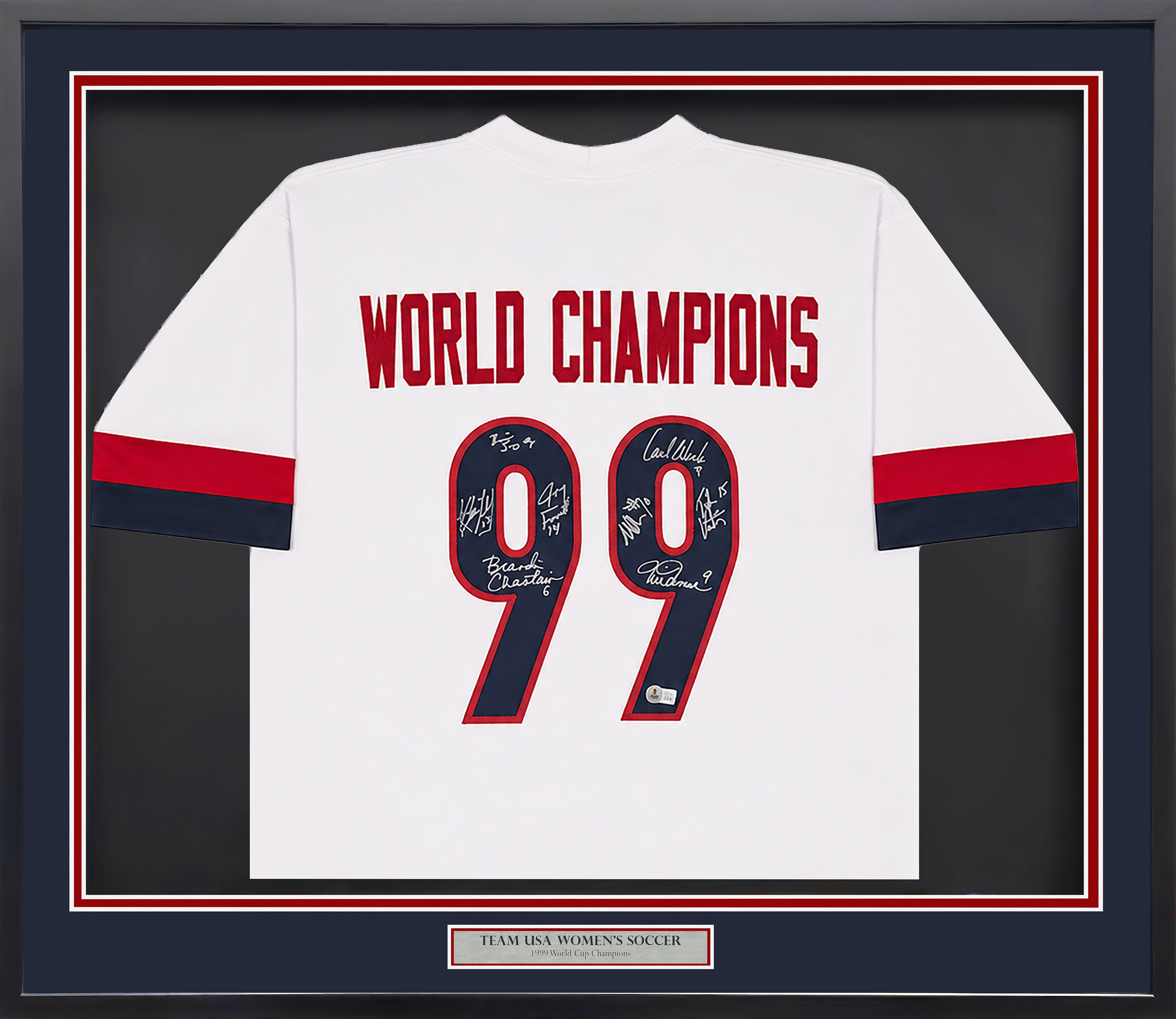 1999 USWNT World Cup Champions Team-Signed Framed Jersey 8 Autographs - BAS