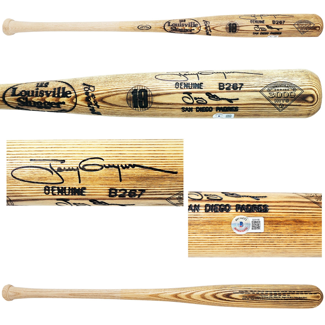 Tony Gwynn Autographed Louisville Slugger 3000th Hit Blonde Bat – Padres – BAS QR #/3000