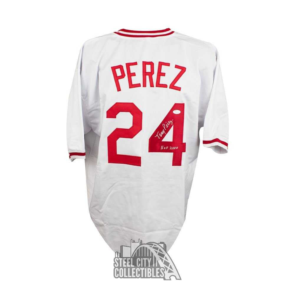 Tony Perez Autographed Cincinnati Custom White Baseball Jersey HOF 2000 Inscription - JSA COA
