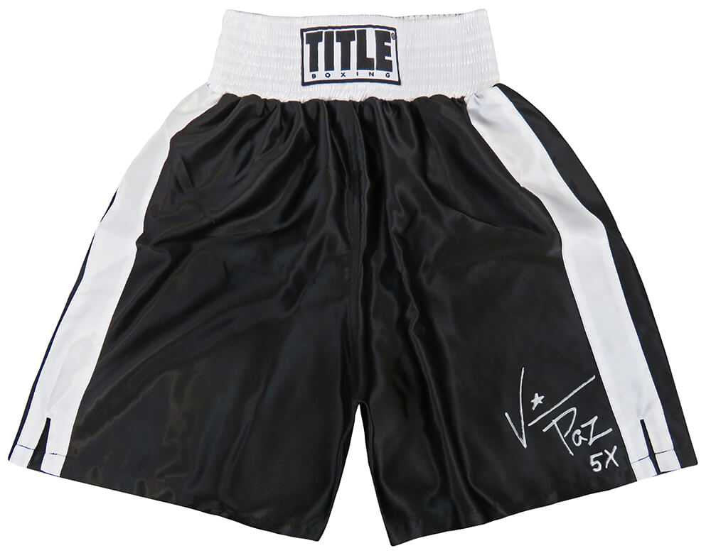 Vinny 'Paz' Pazienza Signed Title Black With White Trim Boxing Trunks w/5x - Schwartz Authenticated