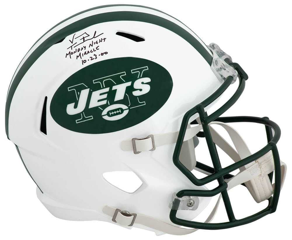 Vinny Testaverde Signed NY Jets White Throwback Riddell Full Size Speed Replica Helmet w/Monday Night Miracle 10-23-00 - Schwartz Authenticated
