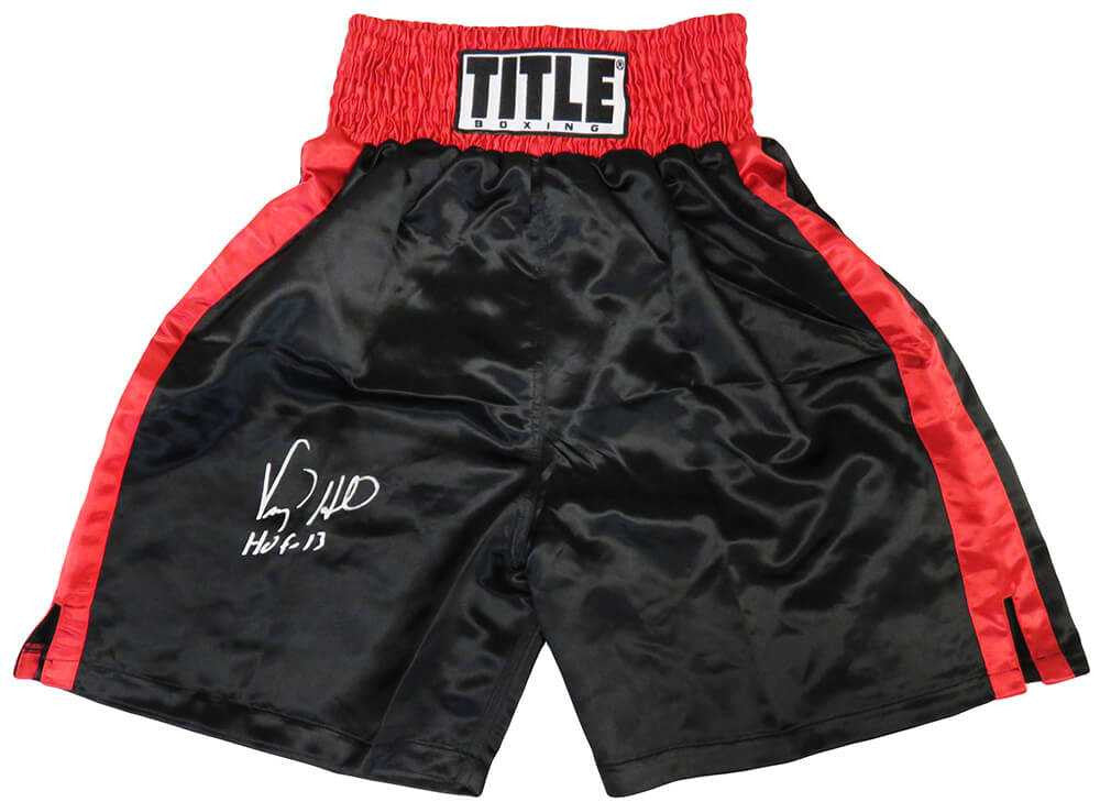 Virgil Hill Signed Title Black With Red Trim Boxing Trunks w/HOF'13 - Schwartz Authentic