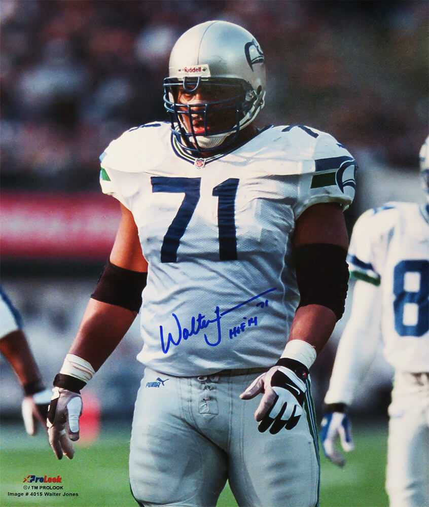 Walter Jones Autographed Seattle Seahawks White Jersey 16x20 Action Photo w/HOF 2014 - Beckett COA