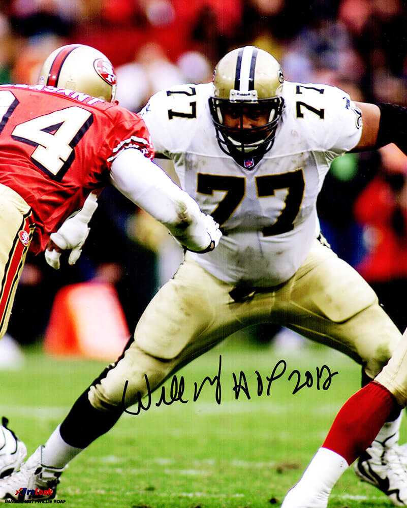 Willie Roaf Signed New Orleans Saints Action vs 49ers 8x10 Photo w/HOF 2012 - Schwartz Authenticated