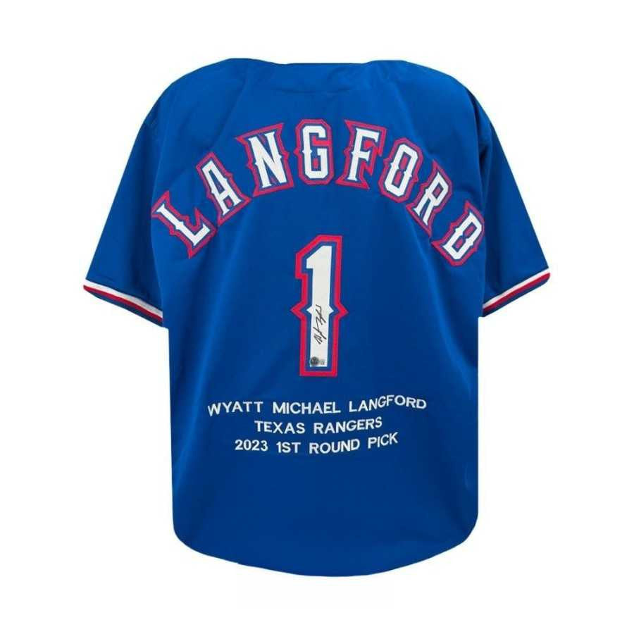 Wyatt Langford Autographed Texas Rangers Stats Blue Jersey - Beckett