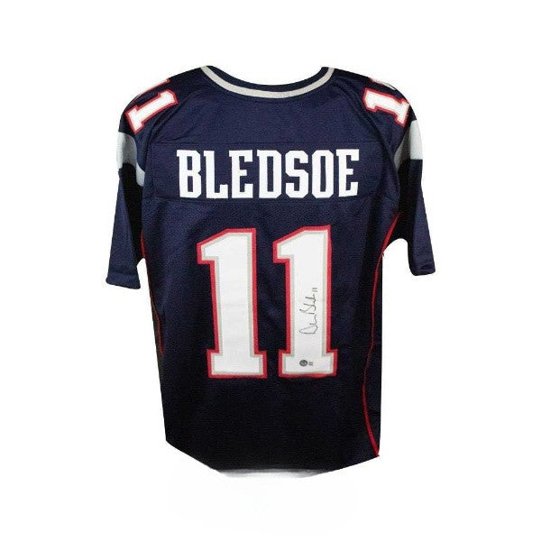 Drew Bledsoe Autographed New England Patriots Custom Football Jersey – Beckett BAS COA