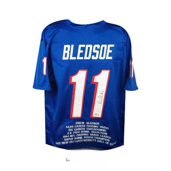 Drew Bledsoe Autographed New England Patriots Custom Football Jersey w/ Career Stats – Beckett BAS COA