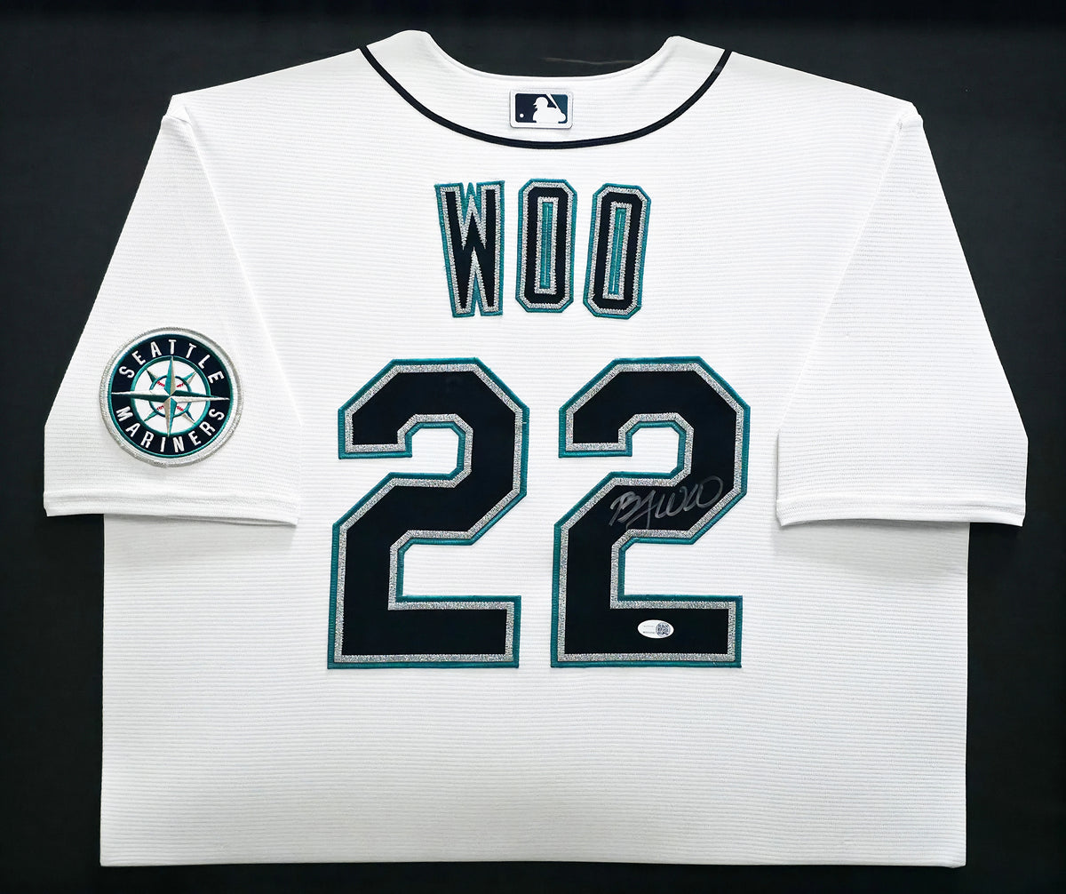 Bryan Woo Autographed Seattle Mariners Framed White Nike Jersey | JSA Witness