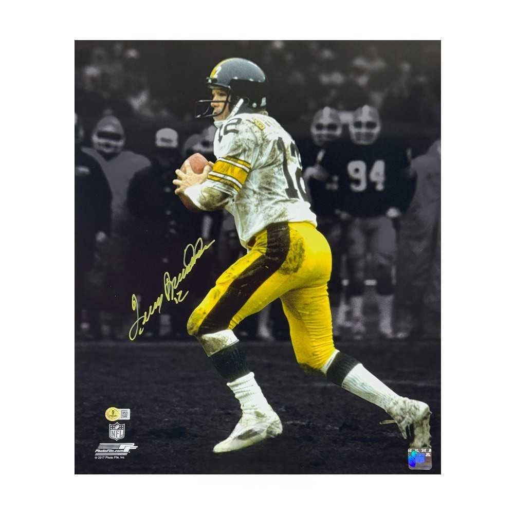 Terry Bradshaw Autographed Pittsburgh 16x20 Football Photo - BAS (Dirty Jersey, Dark Background)