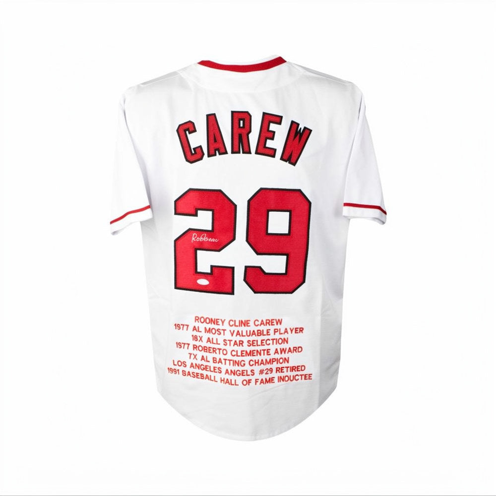Rod Carew Autographed Los Angeles Custom Baseball Jersey w/ Career Stats Inscription/Stitching - JSA COA