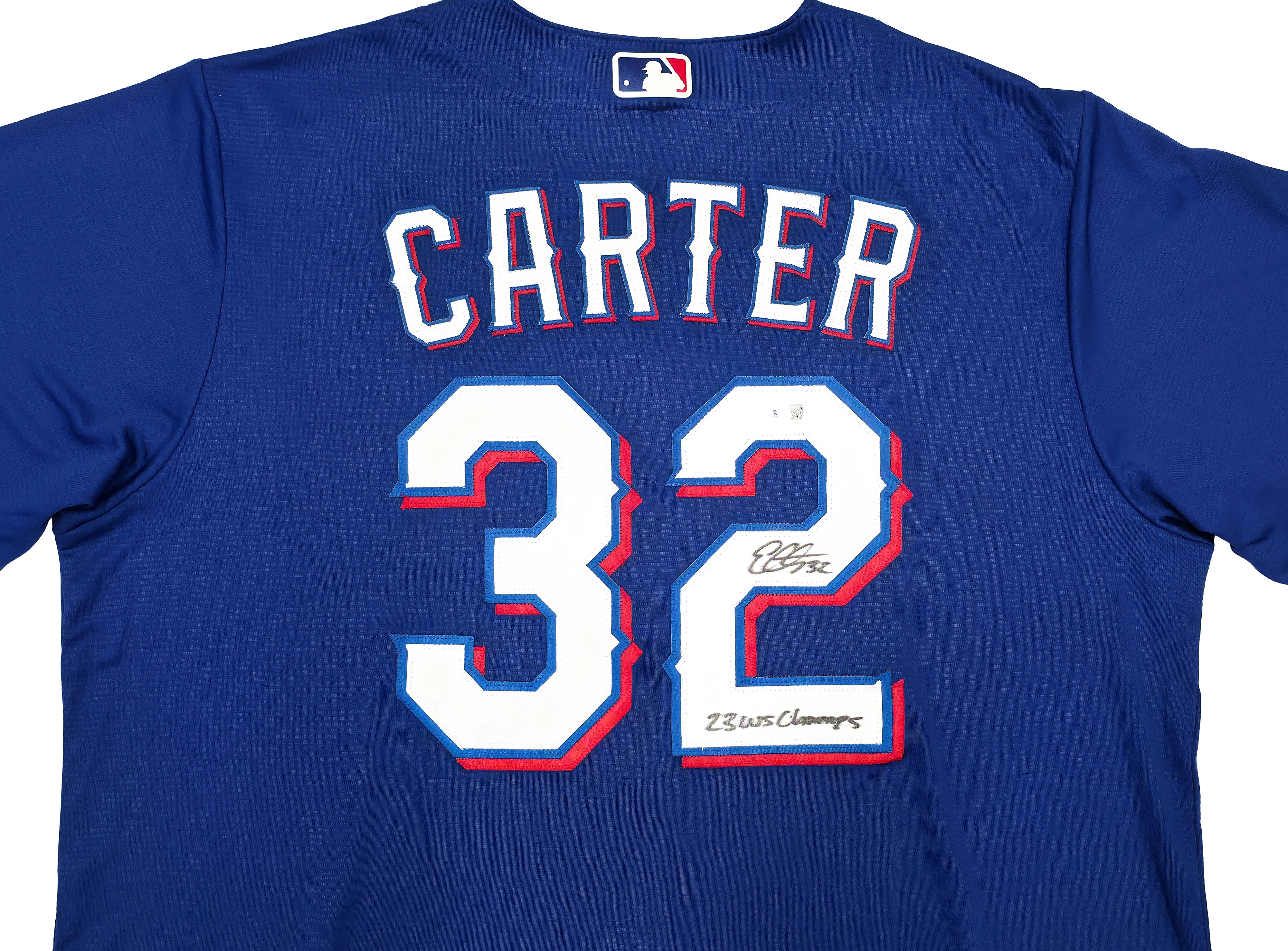 Evan Carter Autographed Texas Rangers Blue Nike Jersey Size XL 23 WS Champs | BAS Witness