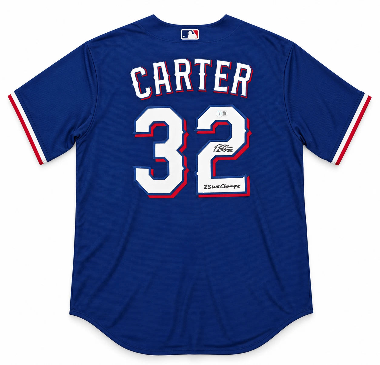 Evan Carter Autographed Texas Rangers Blue Nike Jersey Size XL 23 WS Champs | BAS Witness